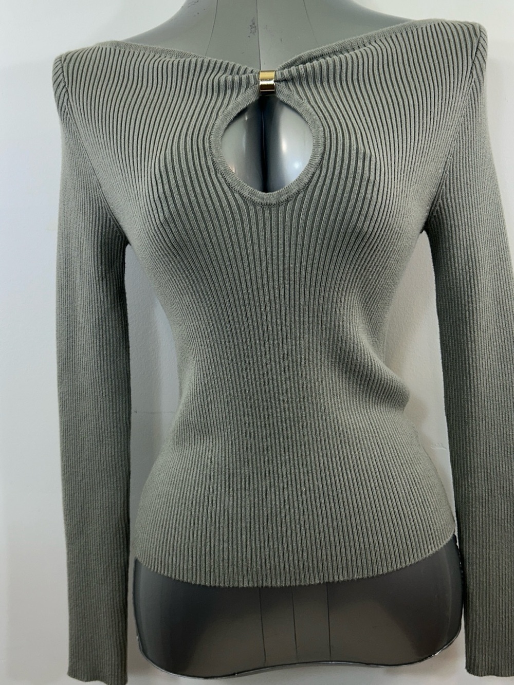 Abercrombie & Fitch Olive Ribbed Knit Top with Keyhole Detail